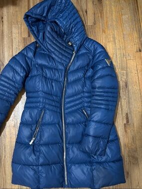 Guess Women's Navy Quilted Hooded Puffer Coat